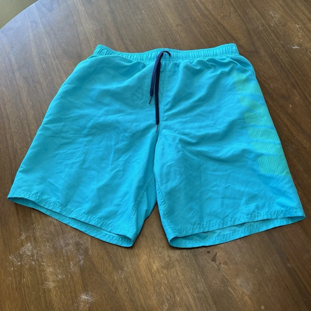 Nike Swim Shorts Mens M Blue Green Lined Graphic Logo NESSA570 Drawstring Pocket